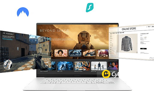 Laptop screen showing multiple streaming services and VPN provider logos including NordVPN, Surfshark, and CyberGhost