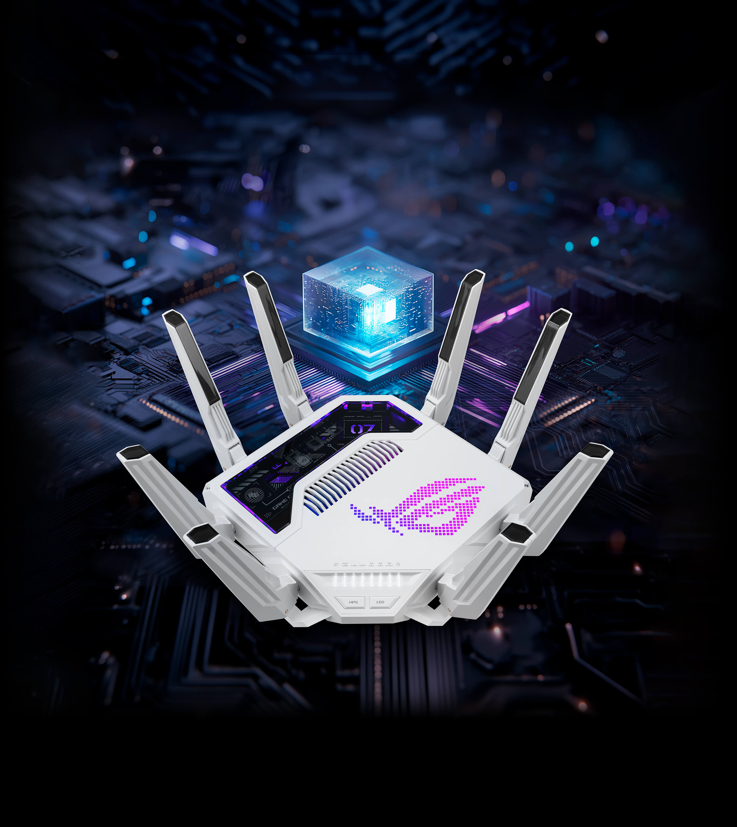 ASUS ROG Rapture GT-BE19000AI gaming router front view with Aura RGB logo, eight antennas, and floating AI processor cube above a circuit board background
