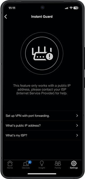 Smartphone screen displays the Instant Guard app with a router warning icon and a message about requiring a public IP address.