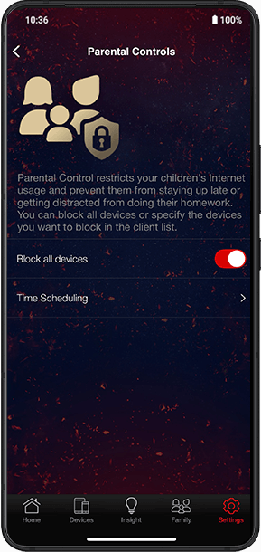 Smartphone screen displays the Parental Controls app with options to block all devices or set time scheduling.