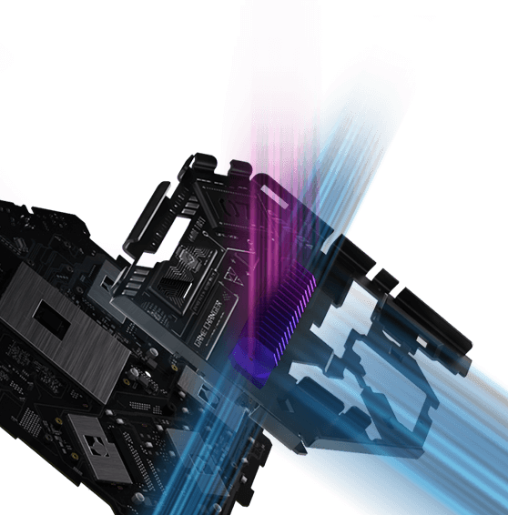 Close-up of ASUS ROG Rapture GT-BE19000AI internal components with heatsink and glowing blue and purple airflow effects