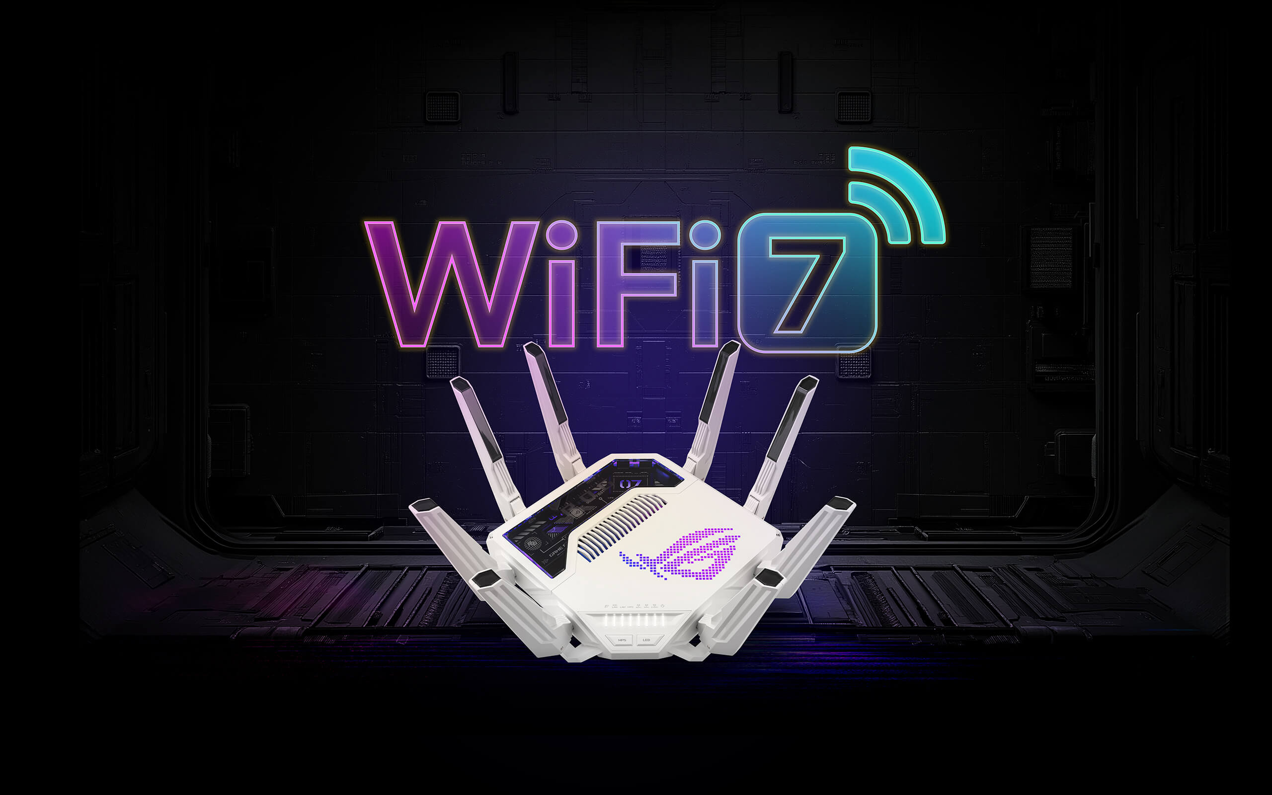 ASUS ROG Rapture GT-BE19000AI gaming router in front of large WiFi 7 text