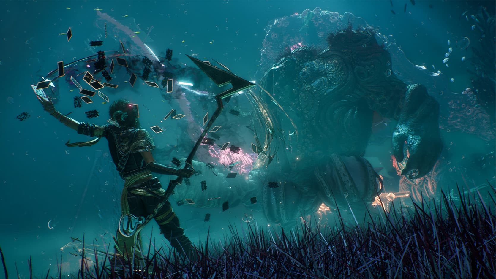 shows an underwater battle image of the game, with a hero fighting a massive sea creature.