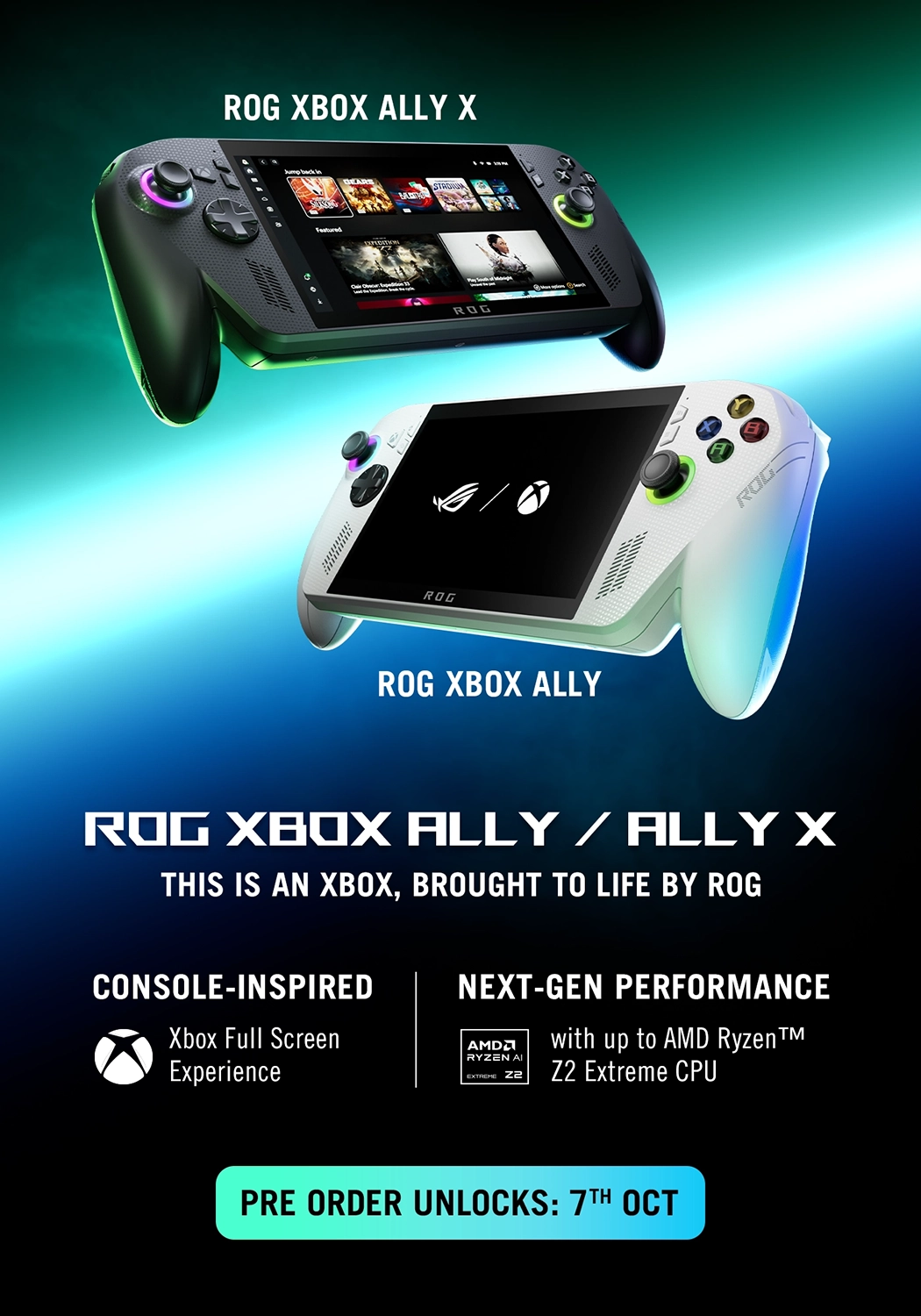 The ROG Xbox Ally and ROG Xbox Ally X flying on the blue-green gradient background with a white slash.