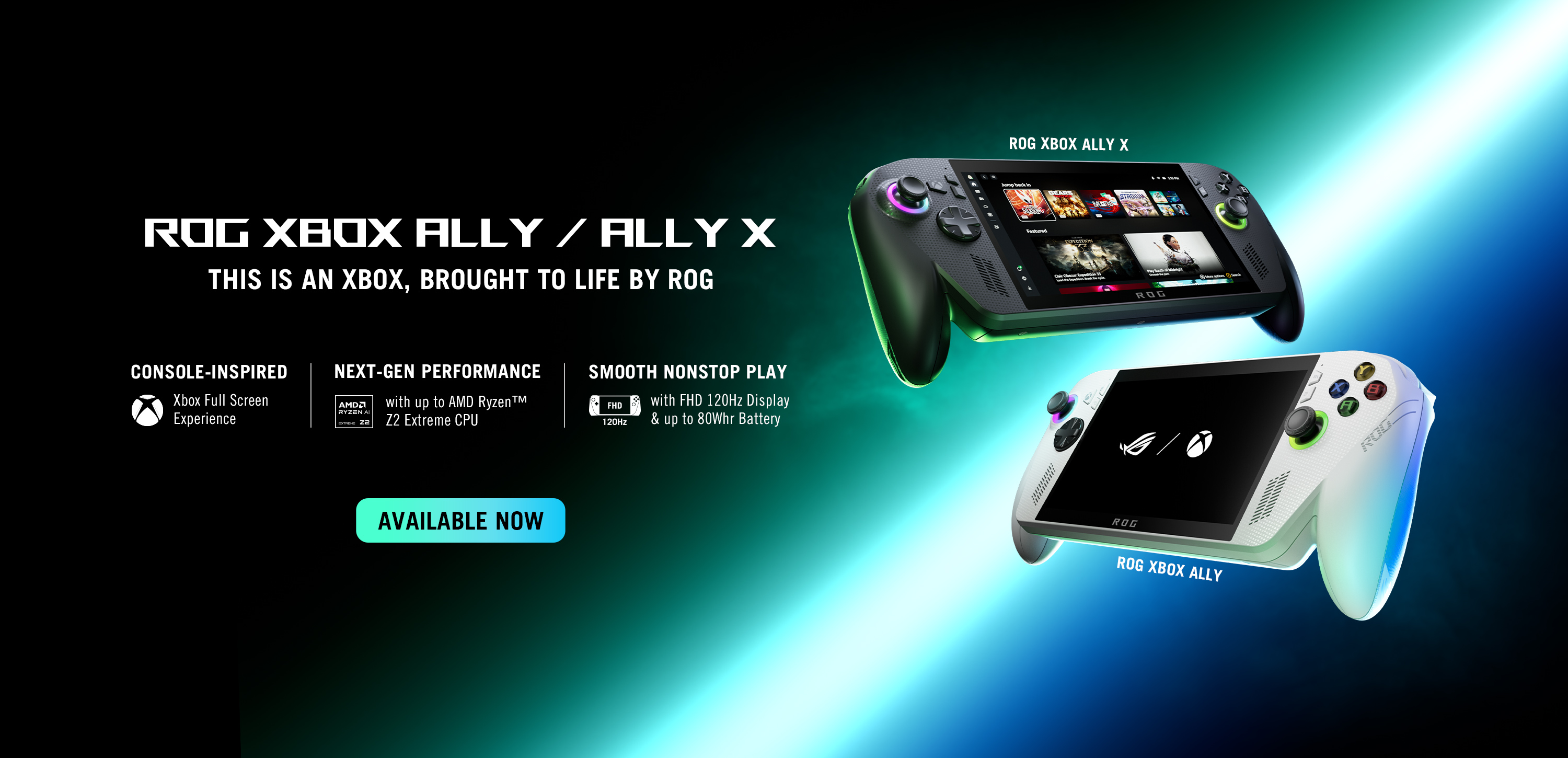 The ROG Xbox Ally and ROG Xbox Ally X flying on the blue-green gradient background with a white slash.