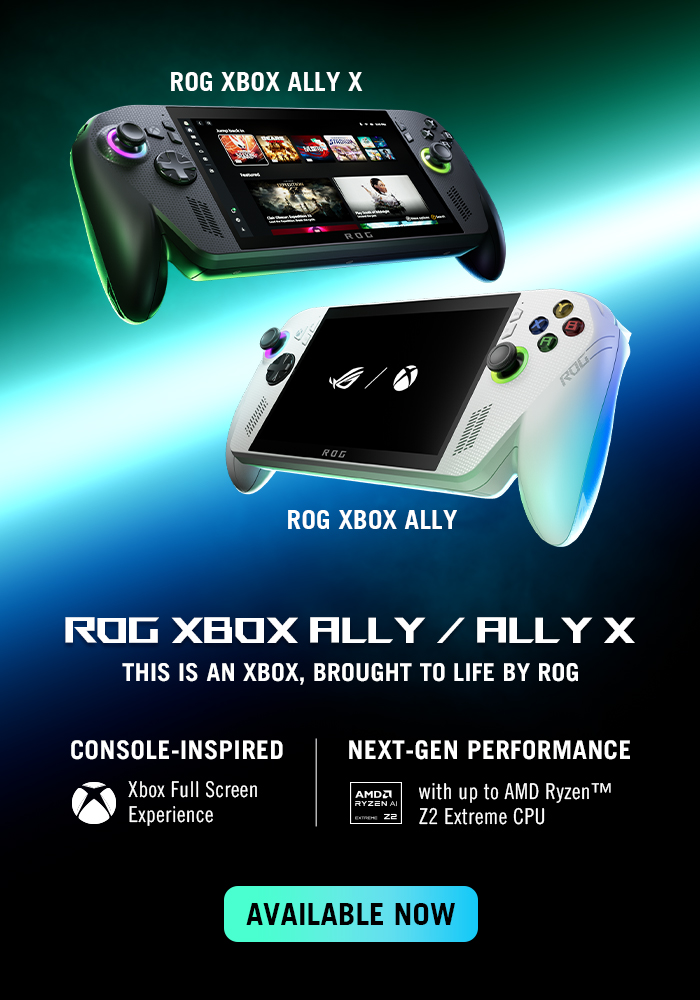 The ROG Xbox Ally and ROG Xbox Ally X flying on the blue-green gradient background with a white slash.