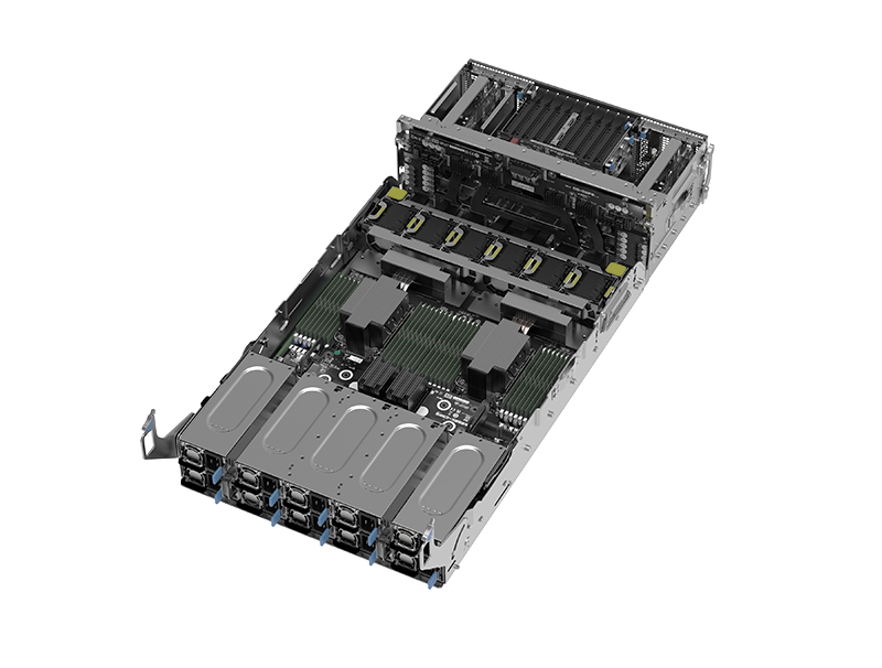 This is server layout diagrams illustrating optimized thermal design of ASUS HGX B300 system. Left image shows a sled with two levels separating GPU and CPU for heat dissipation.