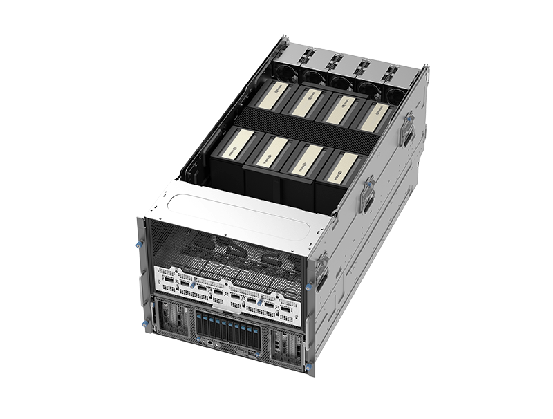 This is server layout diagrams illustrating optimized thermal design of ASUS HGX B300 system. Right image shows the complete server chassis with GPUs installed, designed for greater energy efficiency and system power savings.