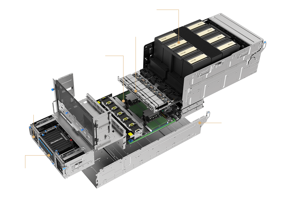3D system layout diagram of the ASUS HGX B300 8-GPU server. Labels identify NVIDIA Blackwell Ultra B200 GPUs, dual Intel Xeon Scalable processors, DDR5 DIMM memory up to 4TB, five PCIe Gen 5 x16 expansion slots, up to nine 2.5-inch NVMe/SATA drives, and redundant 3200W 80 Plus Titanium power supplies.