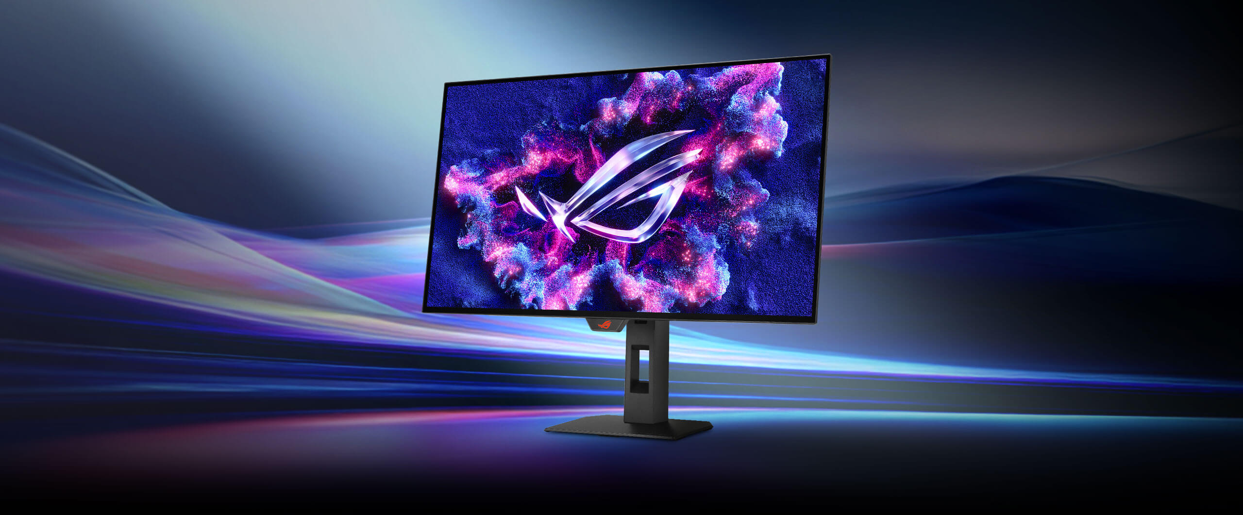 ROG Strix OLED XG27AQWMG key visual showing the monitor on the right, vivid neon streaks in the background, and bold gradient text “Visuals Redefine. Witness the Evolution.” on the left with feature highlights below, plus a “No.1 OLED for Gaming” icon in the lower right corner.