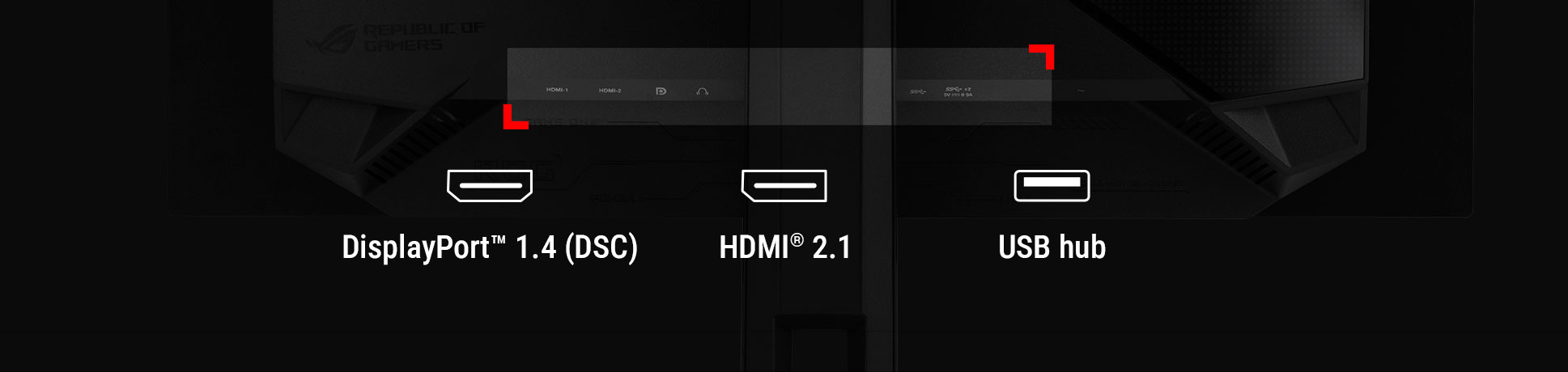 The rear panel of the PG32UCDP features DisplayPort 1.4, HDMI 2.1 and a USB hub.