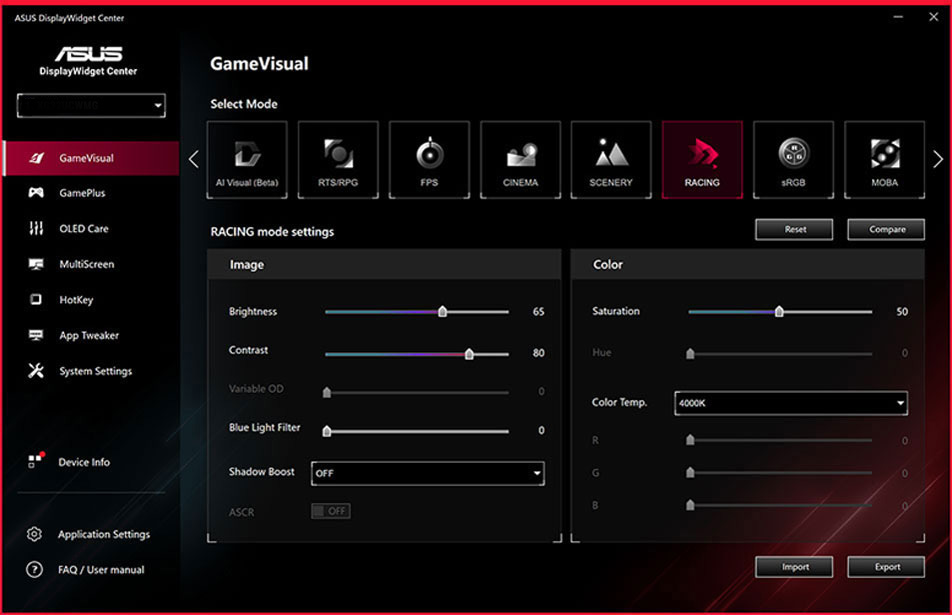 Screenshot of the new ASUS DisplayWidget Center UI showing system settings, OLED functions, and more.
