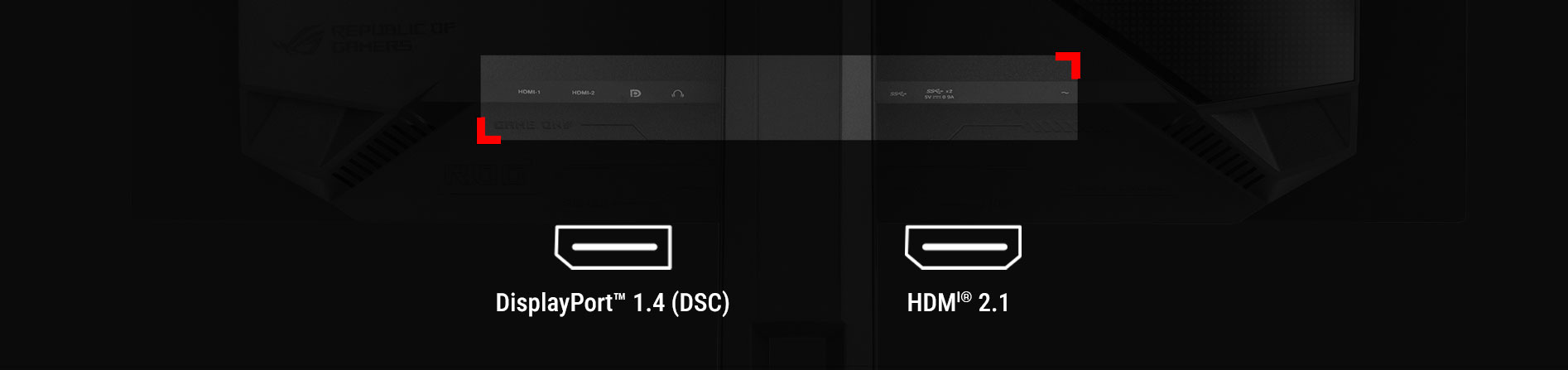 The rear panel of the PG32UCDP features DisplayPort 1.4, HDMI 2.1