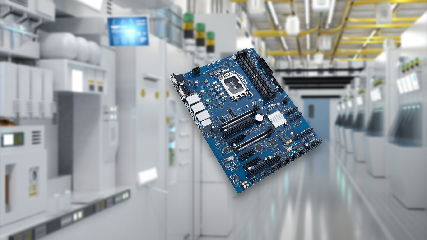 Semiconductor A blue computer motherboard is floating prominently in the foreground of a modern, brightly lit factory with high-tech equipment and ductwork.