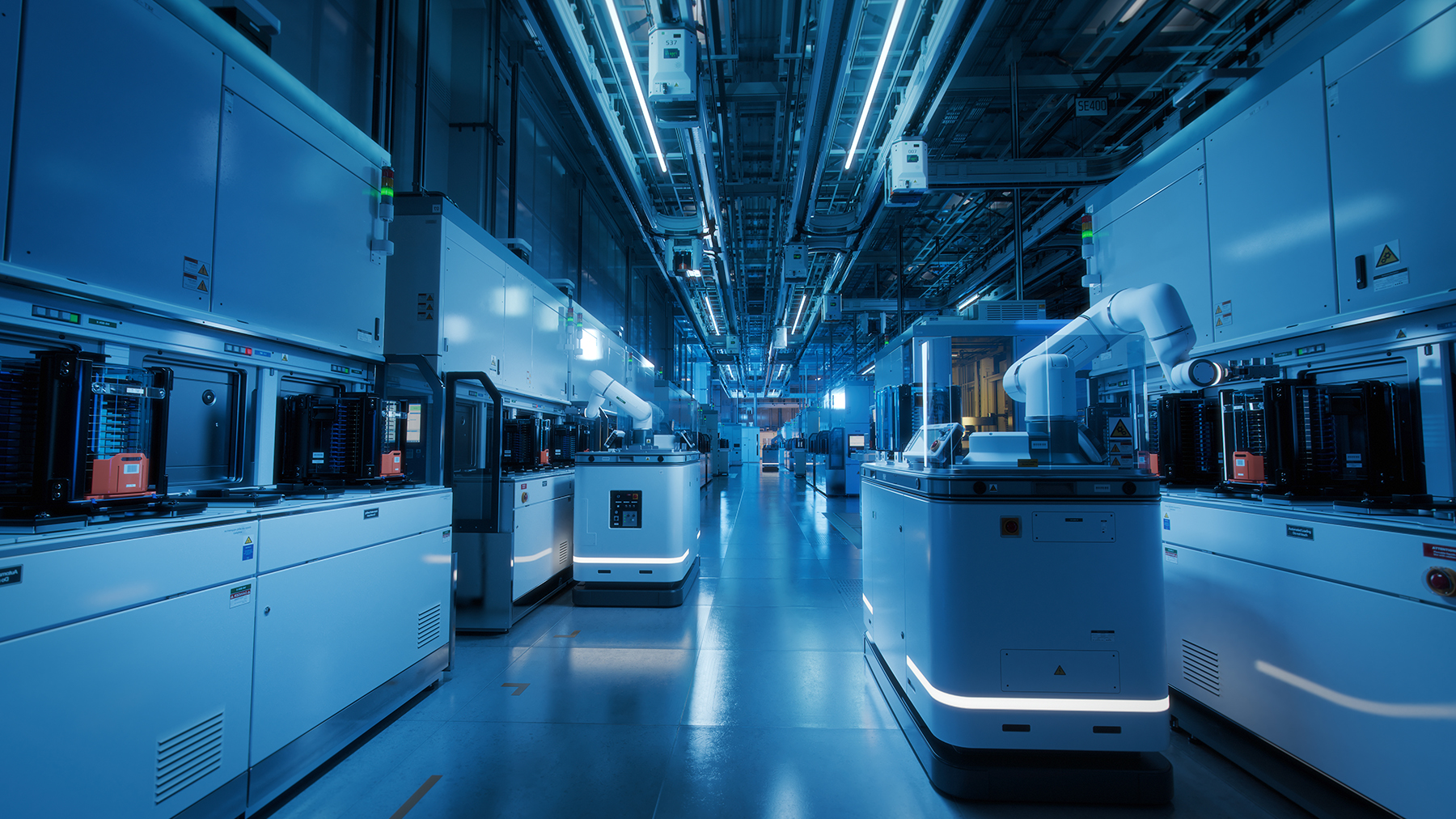 Semiconductor Modern, high-tech semiconductor manufacturing facility with white machinery and equipment lined up in a clean, well-lit environment, conveying precision.
