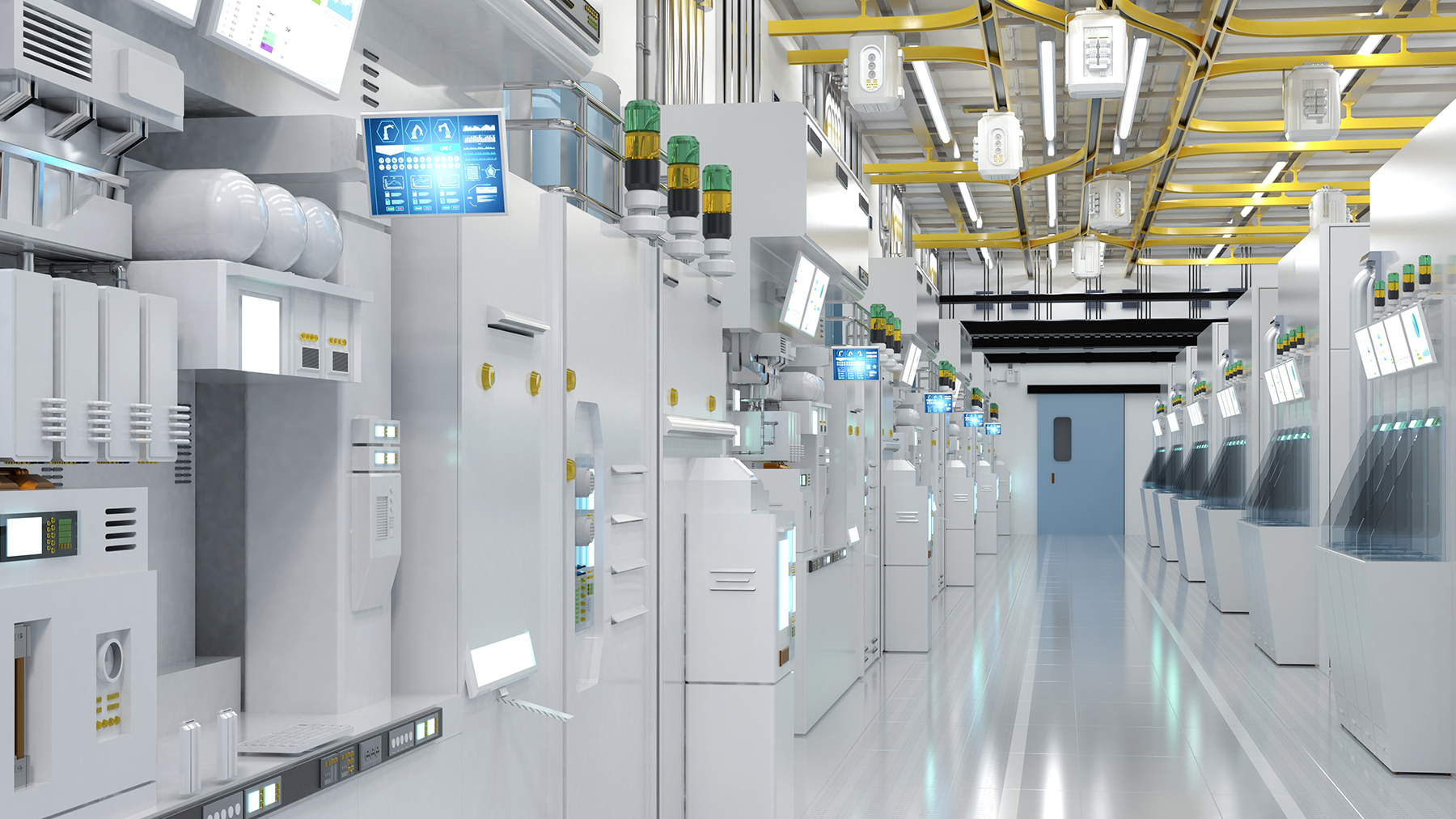 Semiconductor Futuristic industrial facility with white, sleek machinery and illuminated screens lining a corridor. The setting is clean and high-tech, evoking precision.