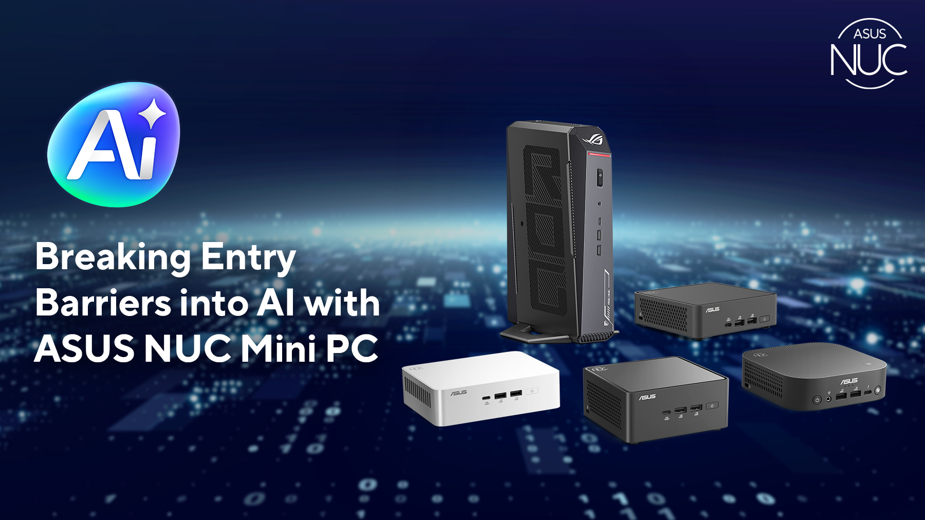  Five mini PCs set against a modern blue background with network lines