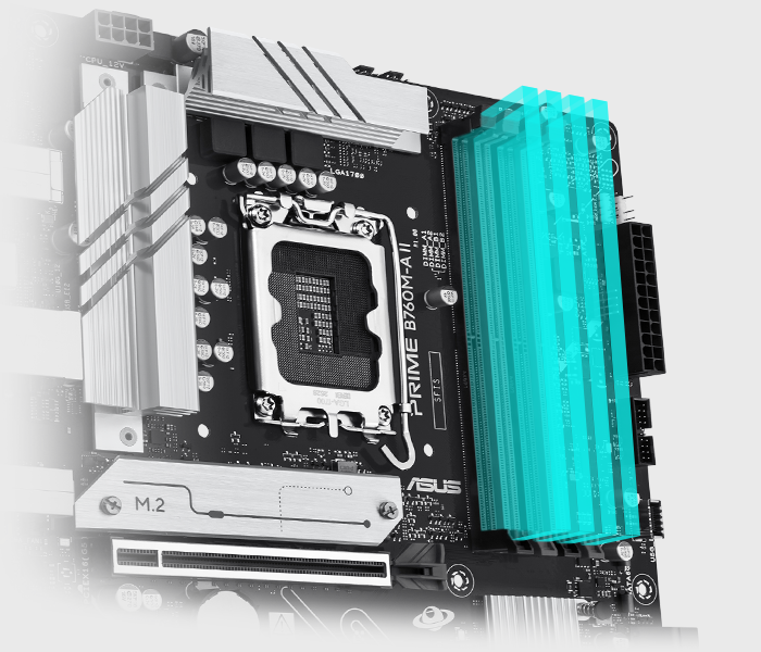 Der PRIME B760M-A II-CSM wird mit ASUS Enhanced Memory Profile II (AEMP II) geliefert, um dein Speicherkit zu trainieren und die Taktfrequenz zu optimieren, damit du die DDR5-Leistung voll ausschöpfen kannst. Das Balkendiagramm zeigt die AEMP II-Profile, die bis zu 37,5 % schnellere RAM-Geschwindigkeiten als die DDR5-Basisspezifikationen bieten.