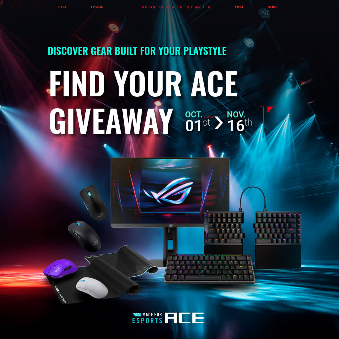 A banner showcasing a list of Ace Esports products, leading to the ROG Ace Esports ‘Find Your Ace’ campaign where viewers will be able to take a quiz and enter a Gleam giveaway