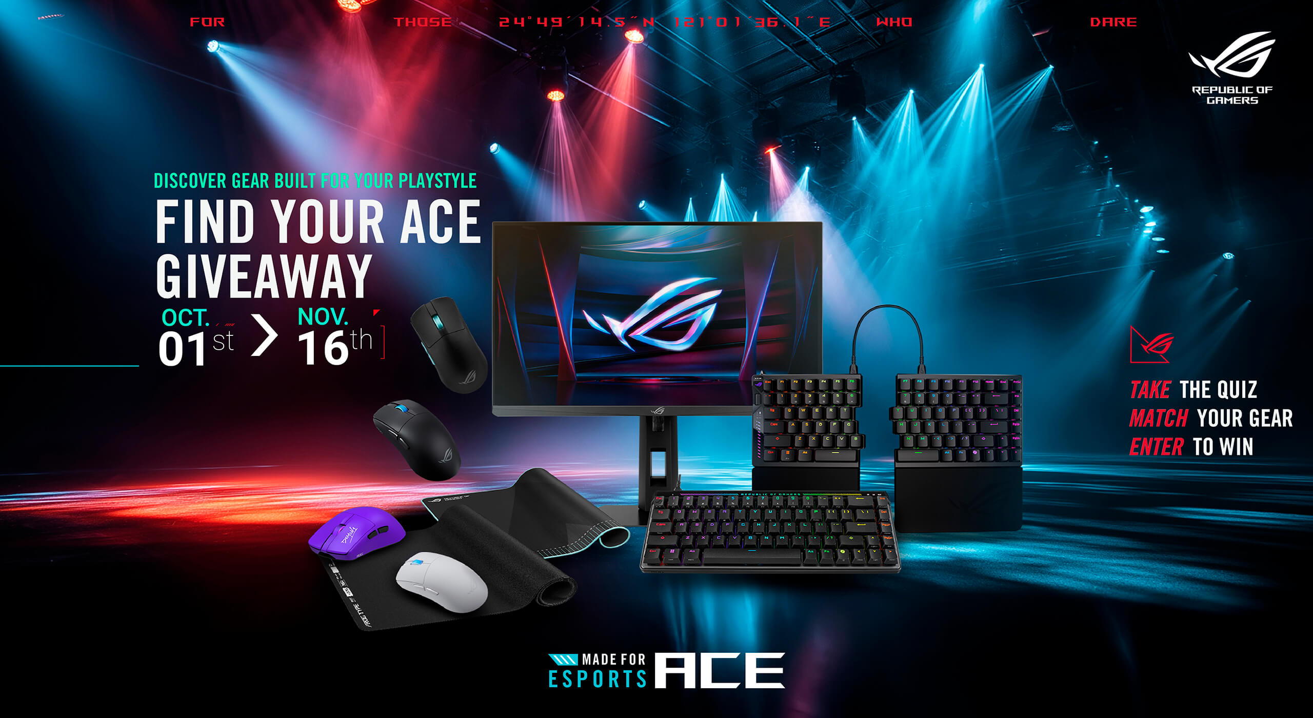 A banner showcasing a list of Ace Esports products, leading to the ROG Ace Esports ‘Find Your Ace’ campaign where viewers will be able to take a quiz and enter a Gleam giveaway