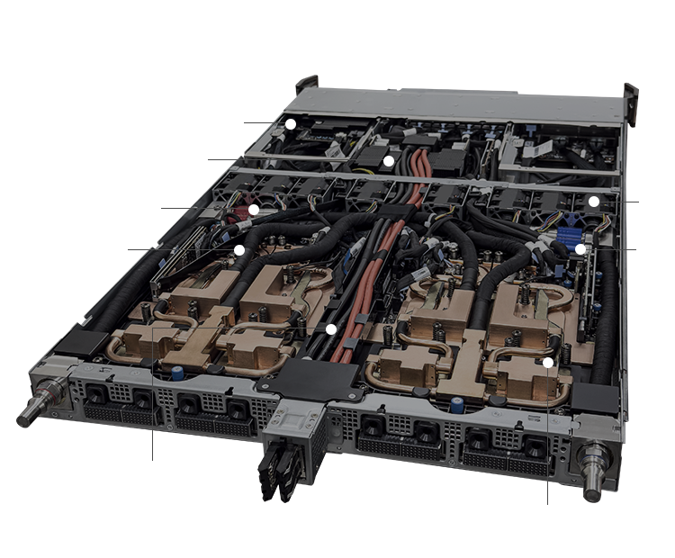 Top view of compute tray with NVIDIA GB300 Superchips, BlueField-3 DPU, ConnectX-8, fans, and cooling modules.