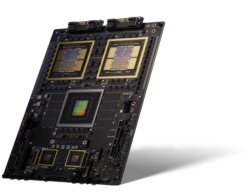 Close-up of NVIDIA GB300 Blackwell Ultra Superchip with four processors on circuit board.