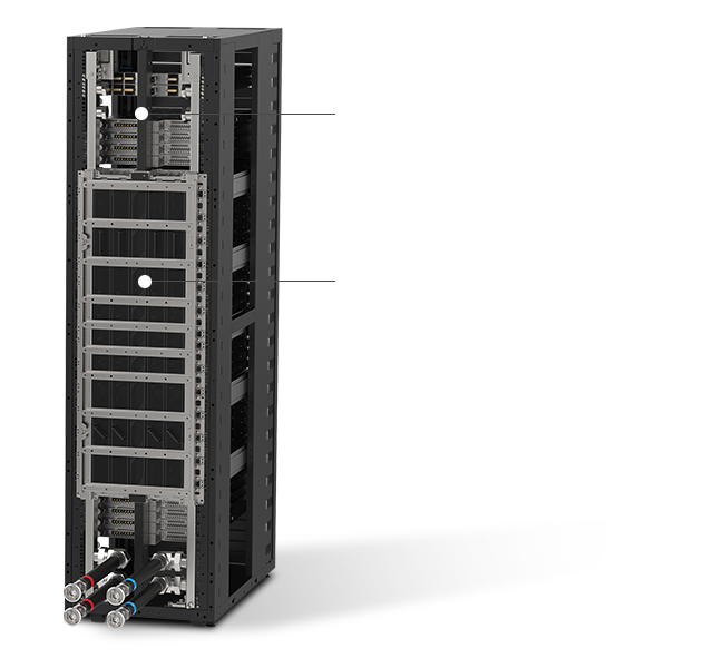 Rear view of rack system showing 1400A rack busbar and NVIDIA cable cartridge connections.