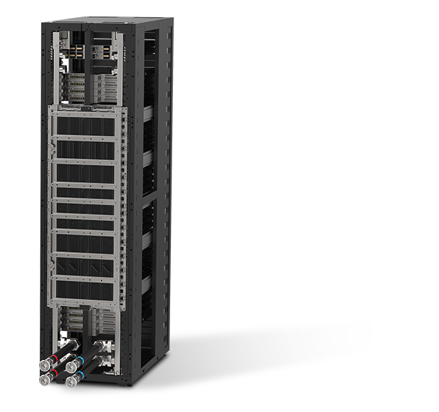 Rear view of rack system showing 1400A rack busbar and NVIDIA cable cartridge connections.