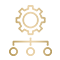 Icon of a gear connected to hierarchical lines, representing deployment and scalability