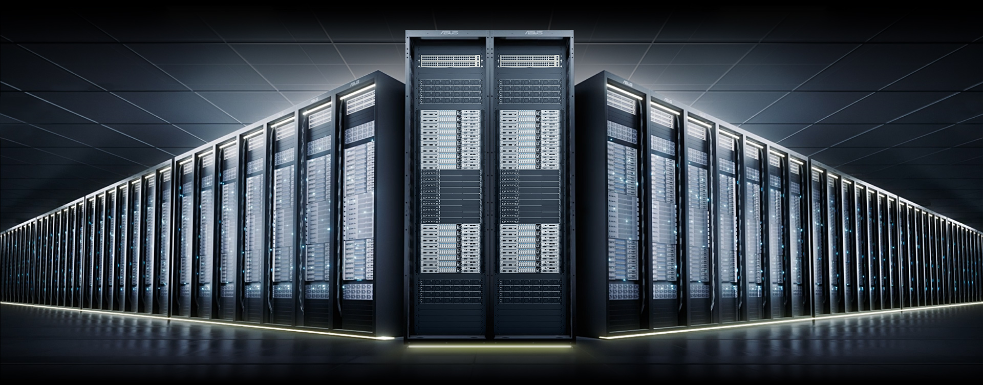 Data center server racks with headline ‘Built for the Era of AI Reasoning,’ highlighting ASUS and NVIDIA AI infrastructure solutions