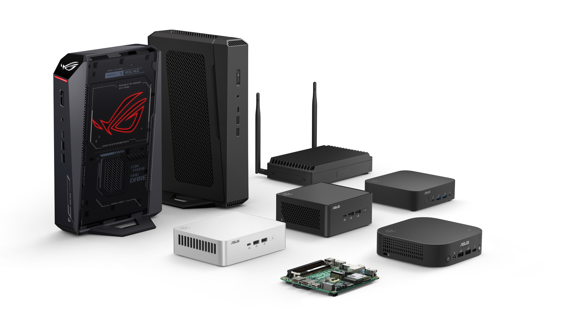 Product lineup of compact ASUS NUC devices and components.
