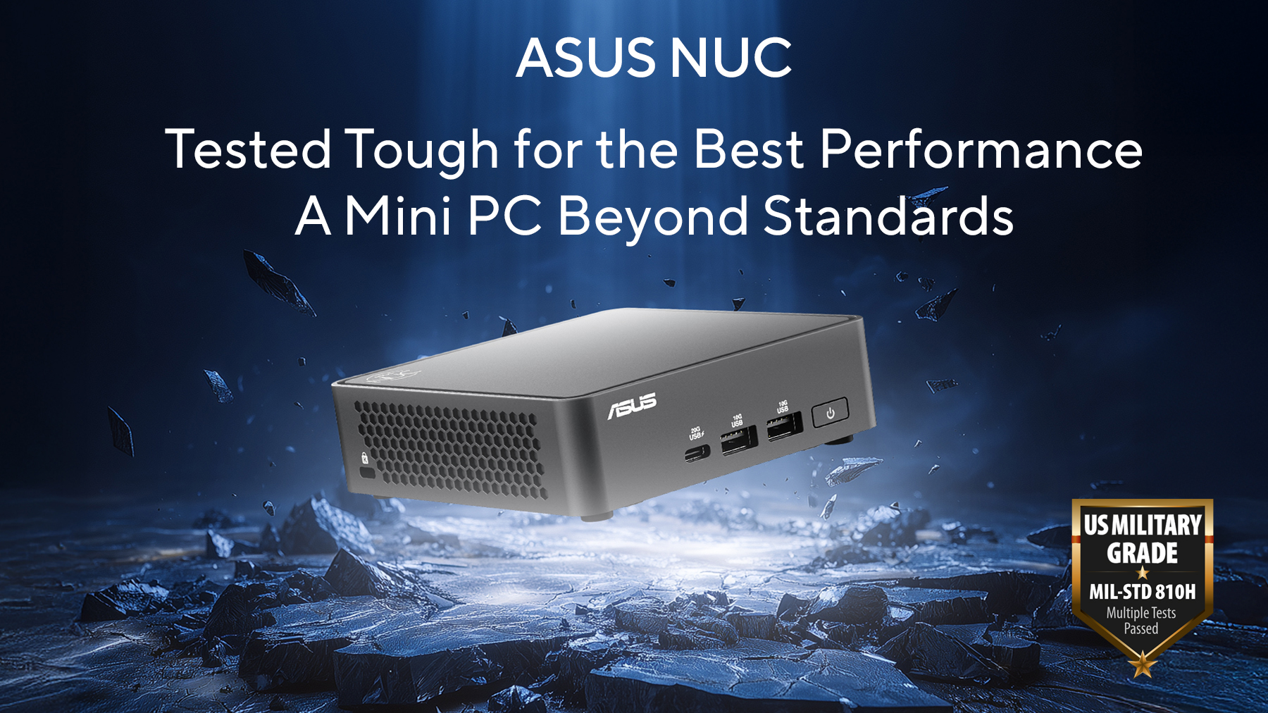 ASUS NUC mini PC on rugged rocky surface, highlighting tough-tested durability and high performance. 