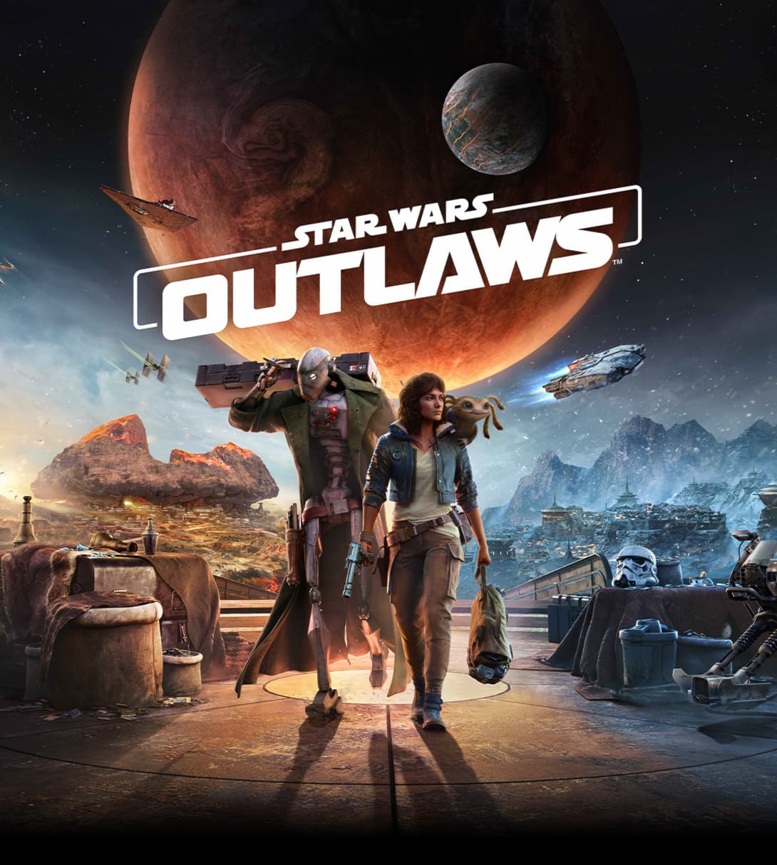 Star Wars Outlaws game key art is featured — Kay Vess and her companion Nix standing in front of a desert outpost under twin moons.