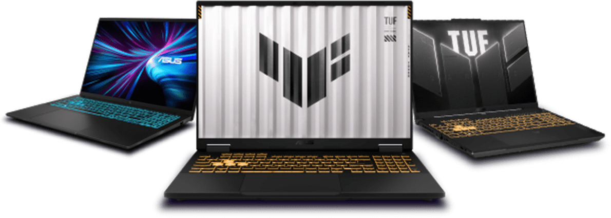 ASUS TUF gaming laptops powered by Intel® Core™ processors, with logos of Intel Gaming and ASUS.