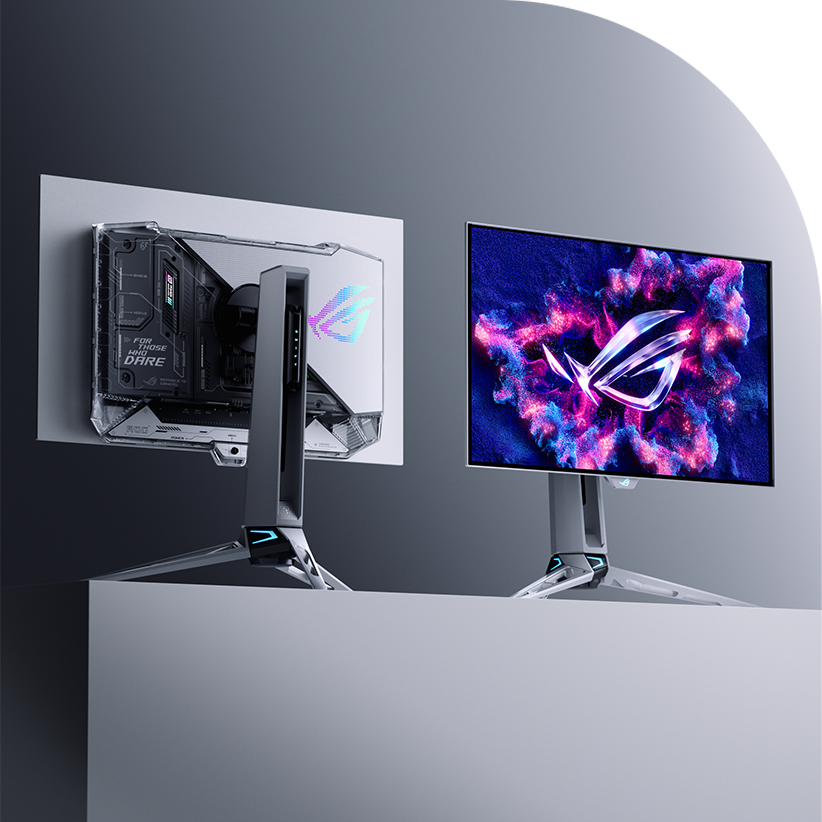 Close-up of two ROG OLED gaming monitors, one displaying a vibrant ROG logo against a cosmic background, and the other showcasing its transparent back panel with visible internal components and the ROG logo