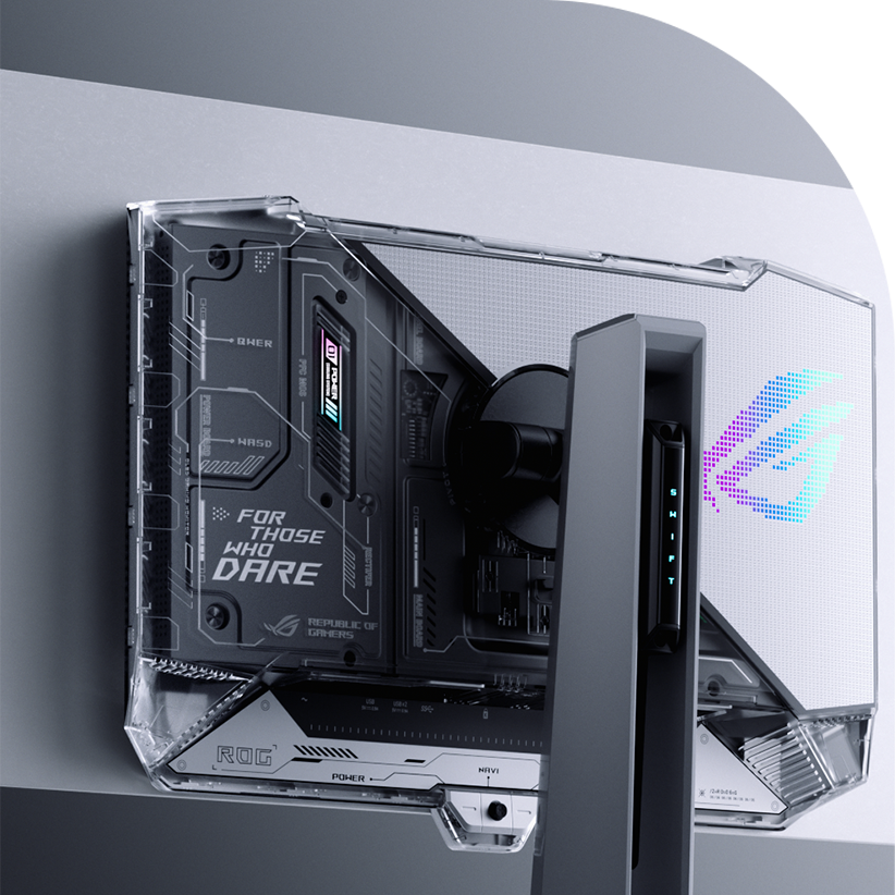 A close-up shot of the back of a high-tech ROG OLED gaming monitor with a transparent casing, revealing intricate internal components and design elements.
