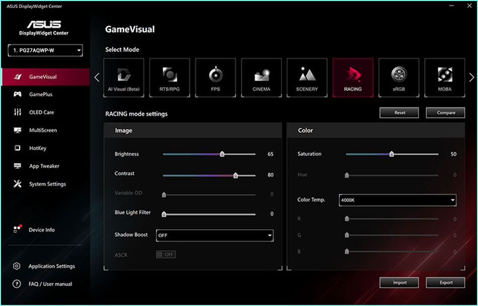Screenshot of the new ASUS DisplayWidget Center UI showing system settings, OLED functions, and more.