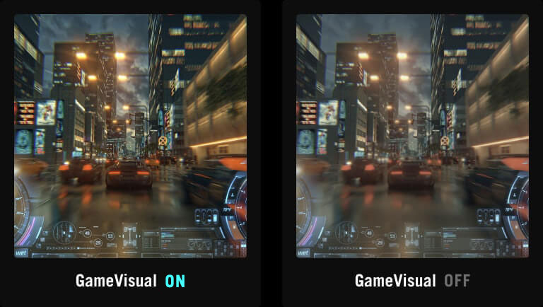 Screenshot of a racing game with a vibrant city backdrop / Screenshot of a racing game, showing a dull city backdrop