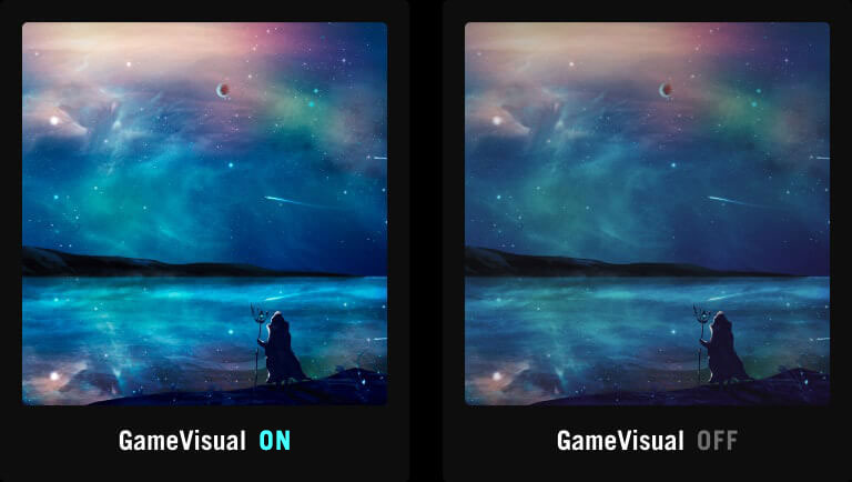 Vibrant image of a person standing on the beach against a beautiful night sky / Identical image of a person standing on the beach against a beautiful night sky, with less vivid color