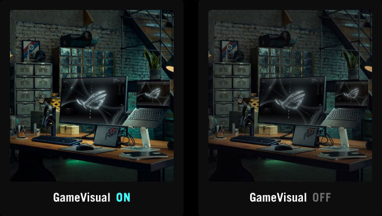 A vibrant rendering of a room with an ROG gaming setup in the foreground /  Identical rendering of the room with an ROG gaming setup in the foreground, with less vivid colors
