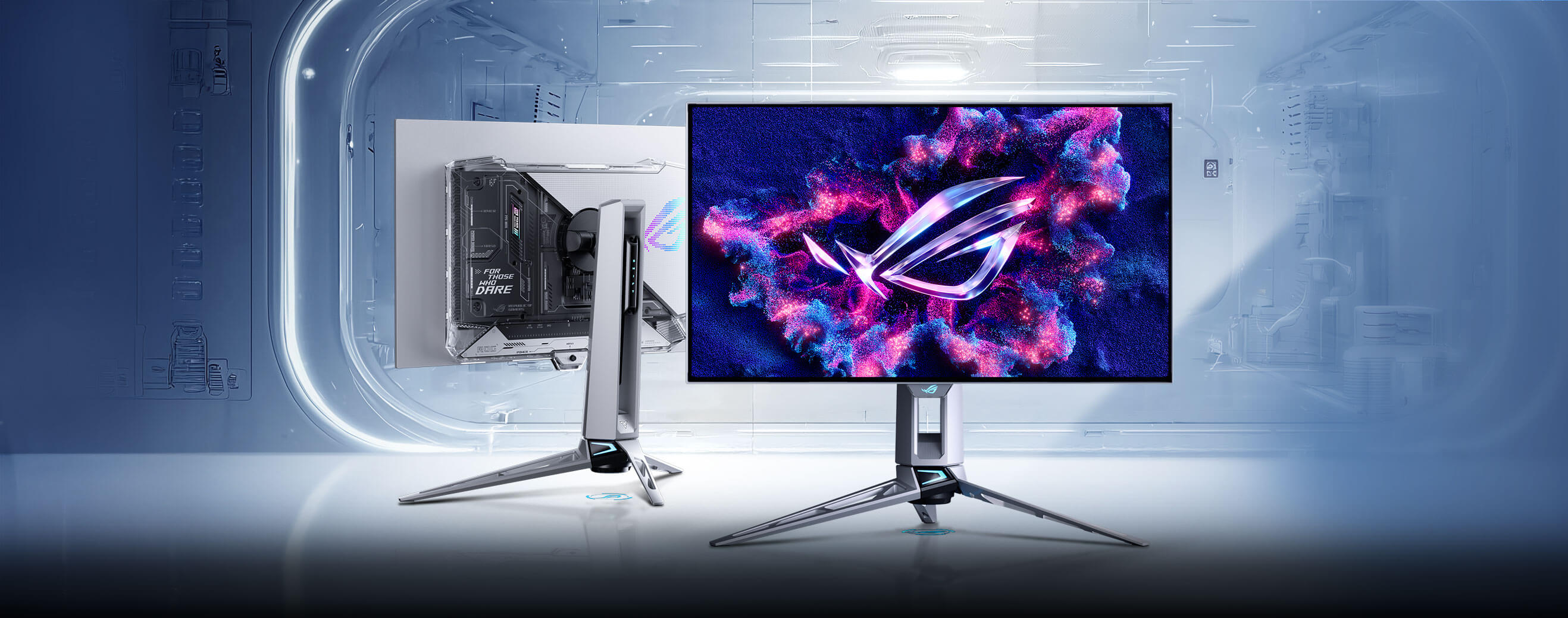  Front and back view of ROG Swift OLED PG27AQWP-W monitor with vivid ROG logo on screen, set against a futuristic blue tunnel background, featuring text “See Through the Game” and a “No.1 OLED for Gaming” badge.