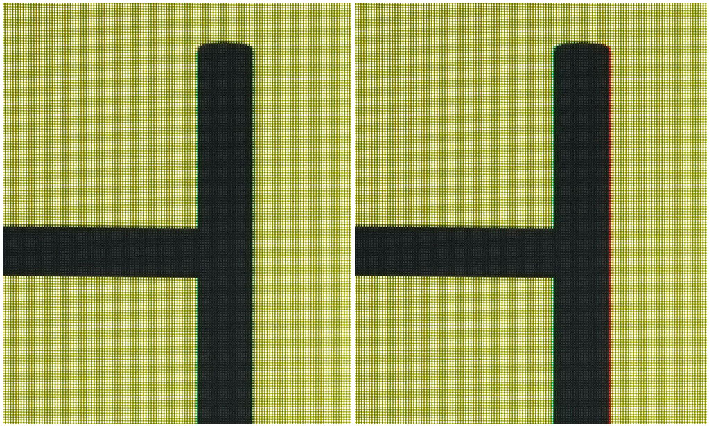The edges of each letter is clear and crisp. / The edges of each letter shows red and green color fringing.