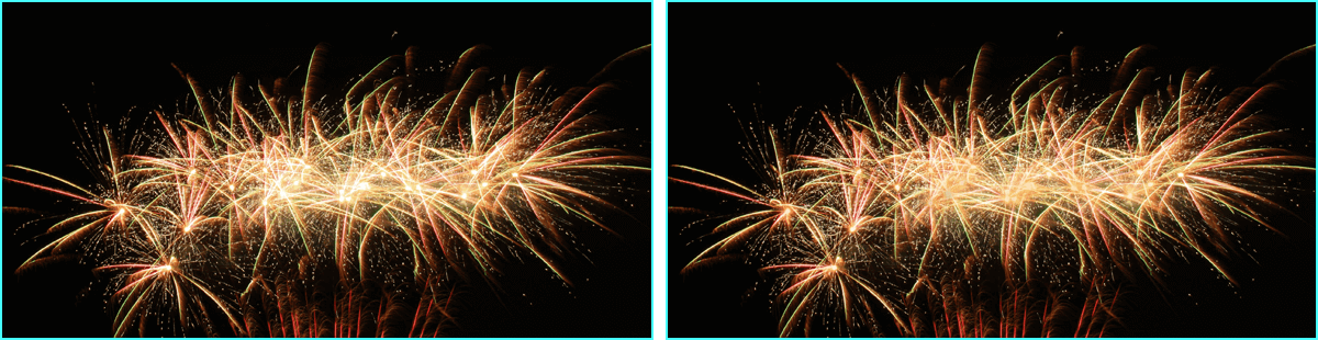 Image of fireworks against a dark sky. / Image of fireworks against a dark sky, with the center of the fireworks dimmed.