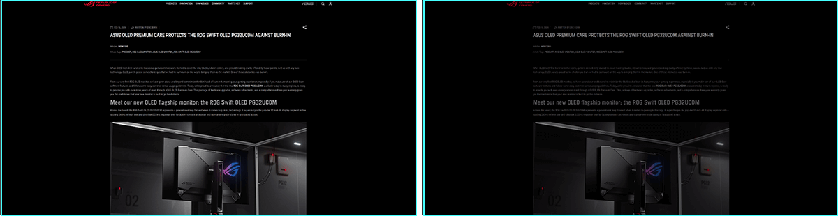 Screenshot of an ROG web article. / Screenshot of an ROG web article with the screen dimmed.
