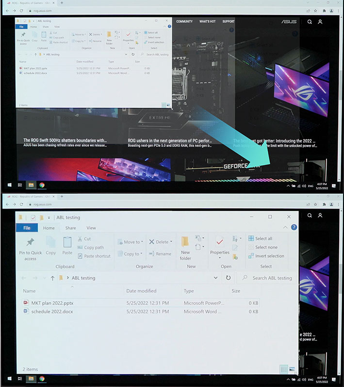 Comparison images showing a white window being enlarged in the first image, with the second image showing no change in display brightness