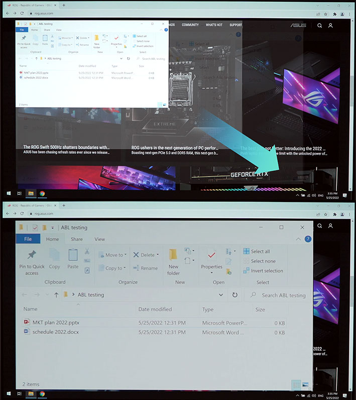 Comparison images showing a white window being enlarged in the first image, with the second image showing a dimmer display.