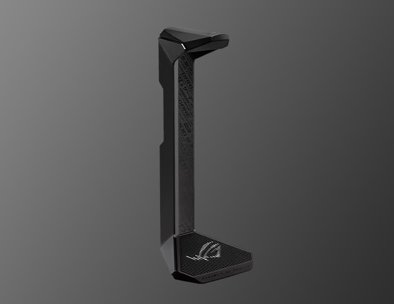 ROG Throne II Core 電競耳機架的右前視圖，背景為灰色。