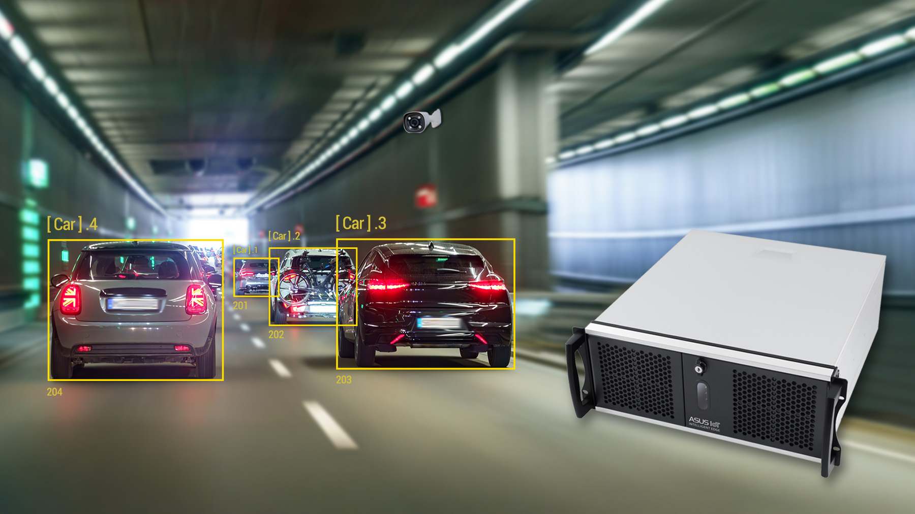 AI Tunnel Incident Detection with ASUS IoT EBS-4U700 Cars drive through a tunnel monitored by AI-powered cameras for incident detection. The system identifies and tracks four vehicles with yellow boxes, analyzing abnormal events. The ASUS IoT EBS-4U700 industrial system is displayed on the right.