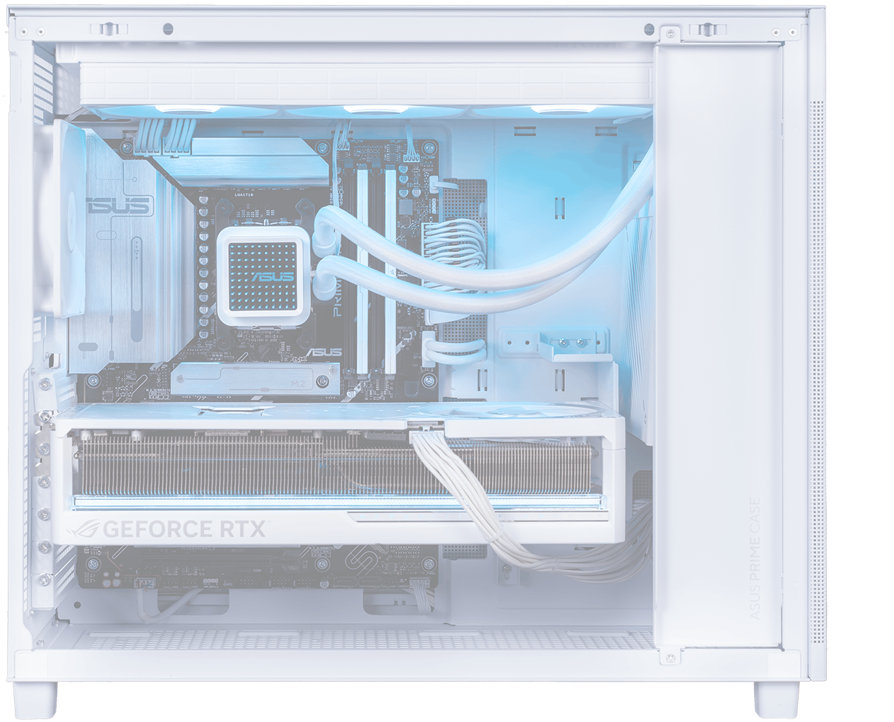 ASUS Prime AP303 with line art of radiator, motherboard, graphics card, and PSU showing the compatibility