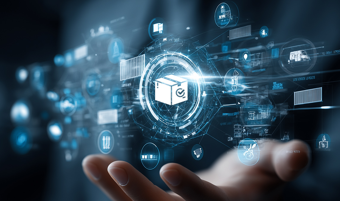A mão de um profissional de negócios segura um holograma digital de ícones de cadeia de suprimentos e logística interconectados, representando visualmente o fornecimento estável e as operações empresariais contínuas para as placas-mãe da CSM.